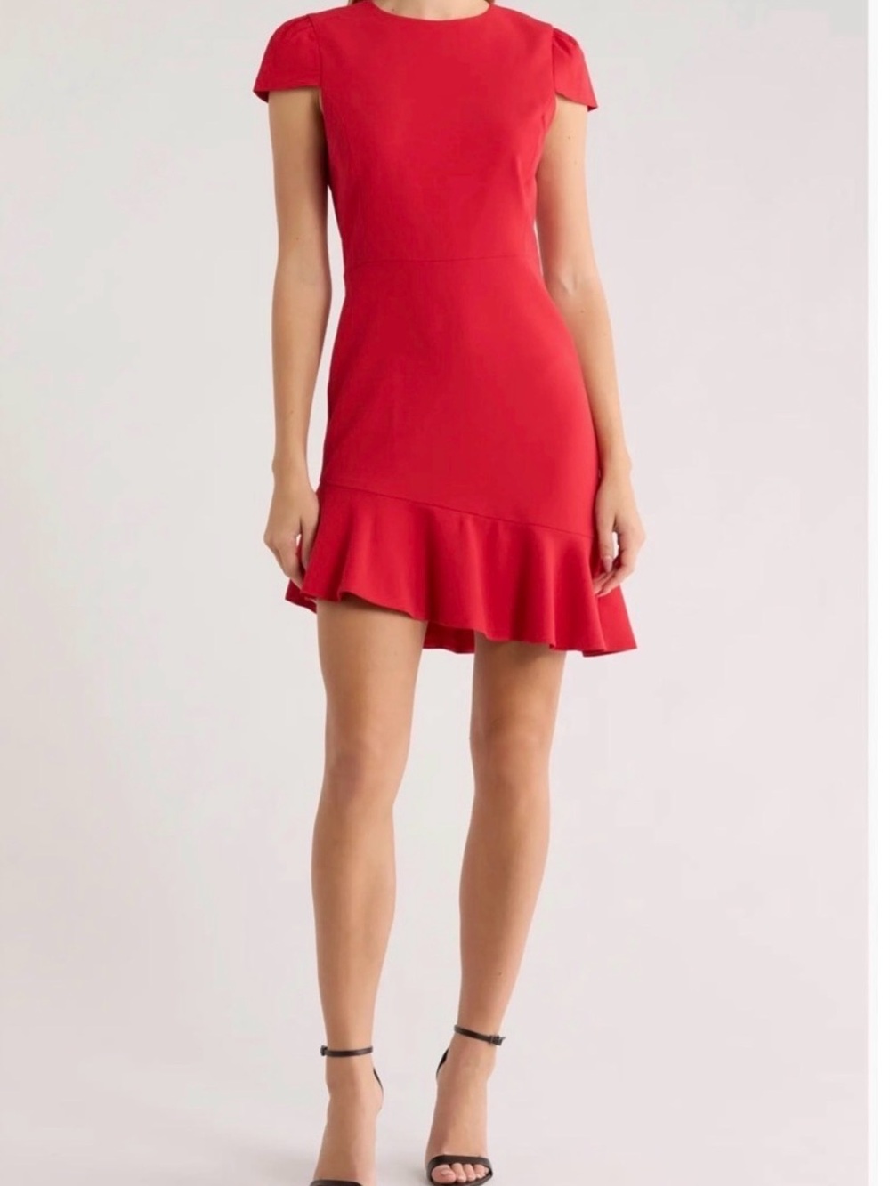 Alice + Olivia Red Cap-Sleeve Ruffle-Hem Mini Dress Asymmetrical